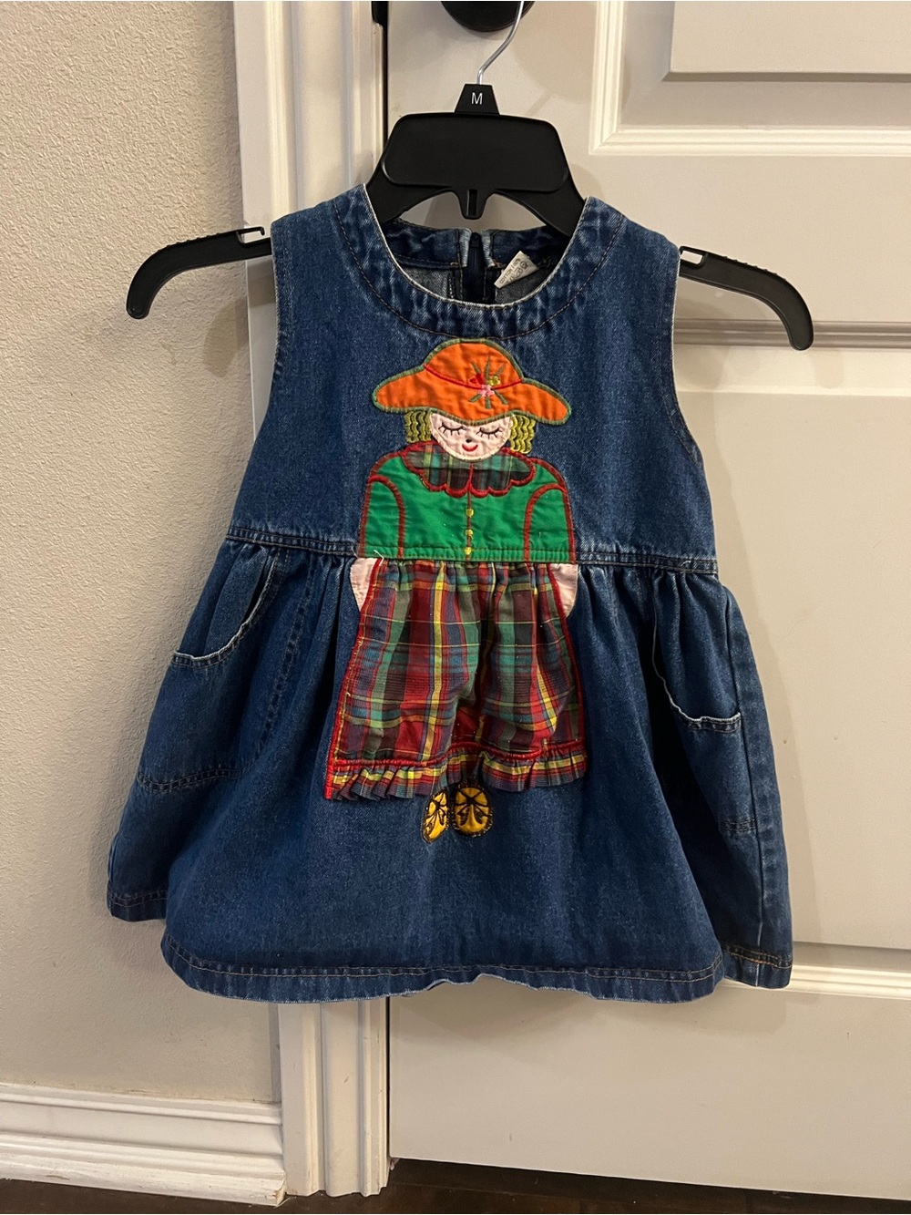 Vintage Blue Denim Dress with Colorful Scarecrow Applique